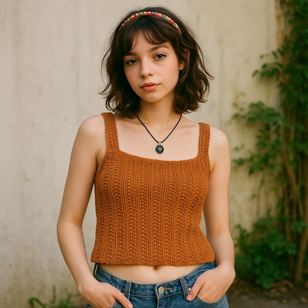 Brown Knit Square-Neck Tank Top